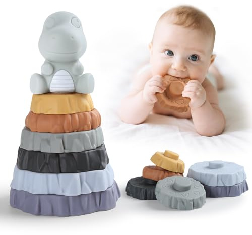 Yrkidstoi Baby Stacking Toys, 7 Pcs Soft Ring Stacker Teething Toys with Dinosaur, Nesting Circles Sensory Learning Toys Gift for 6+ Months Infant Toddler Boys Girls
