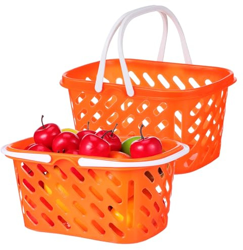 FUNNETOYU 2 Pièces Panier de Courses avec Poignée Orange Panier de Rangement Portable pour Garçon Fille Robuste et Résistant Aux Chutes pour Jeux Dimitation et Rangement Fruits Légumes