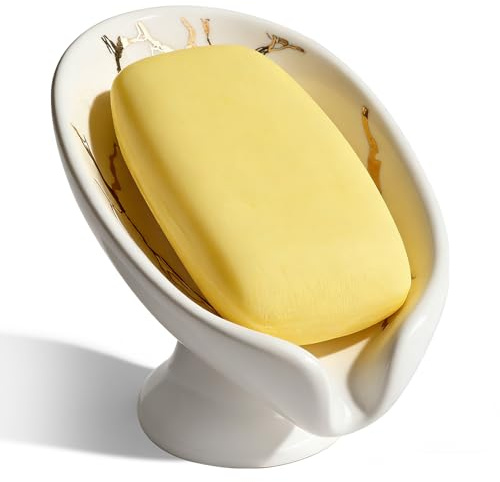 Gaethra Ceramic Soap Dish, Lotus-Shaped Self-Draining Soap Holder with Golden Veins for Bathroom, 45° Inclination Angle Smooth Decorative Standing Soap Tray for Kitchen, Shower, Countertop