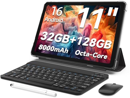 TUOHAITIME Android 16 Tablet, 11inch Tablet, 32GB+128GB 1 TB erweiterbar, Produktivitäts-Bundle mit Tastaturhülle, Eingabestift, Octa-Core Prozessor, Dual-Kamera, WiFi, 8000-mAh-Akku (Schwarz)