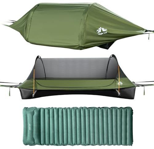 Night Cat Hamac Tente Fond Plat pour 1 Personne avec Moustiquaire Couverture Imperméable et Espace de Rangement Supplémentaire Randonnée Camping dans Jardin Arrière Cour Sauvage Vert Pro