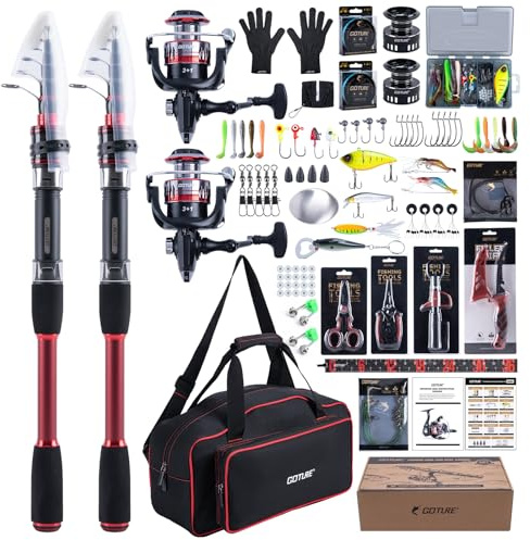 Goture Angelset mit 2 Teleskop-Angelruten,1,8m Angelrute Set Komplett 2 5.2:1 Spinnrolle, Schnur, Köderbox & Tragetasche – für Salz-/Süßwasser, Reisen–Angelgeschenk