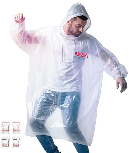 NASA Waterproof Rain Poncho for Adults, Anti-Tear Design (4-Pack / 10-Pack) | Transparent Design | Fire-Resistant Coating | 43% Thicker PE | Drawstring Hood | Elasticated Cuffs | Official NASA Insignia