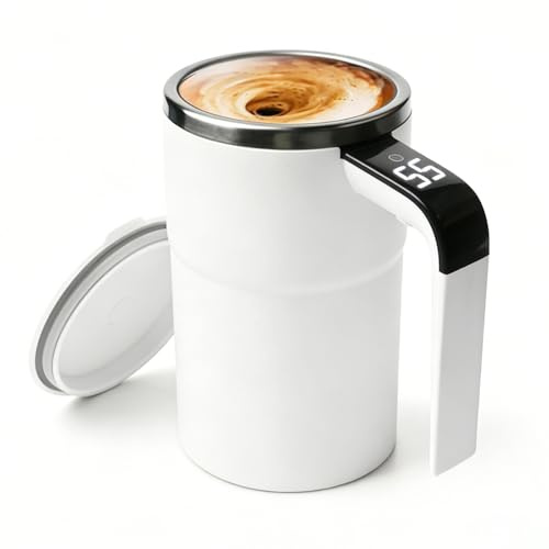 Taza autoagitadora, 380 ml, taza de autoagitación con indicador de temperatura, taza de café automática, taza de café inteligente, mezcla automática, taza magnética para proteínas de café, blanco