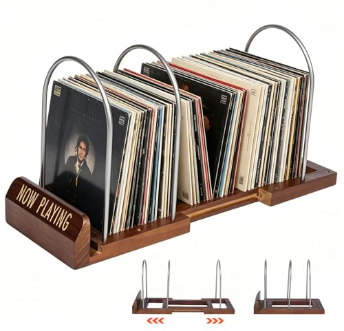 Vinyl Record Storage, 12-17 In Expandable Record Holder, Retro Walnut Record Rack Holds 30-70 LPs, Now Playing Display Vinyl Stand for LPs, Albums, Magazine, for Home, Living Room or Studio Decoration