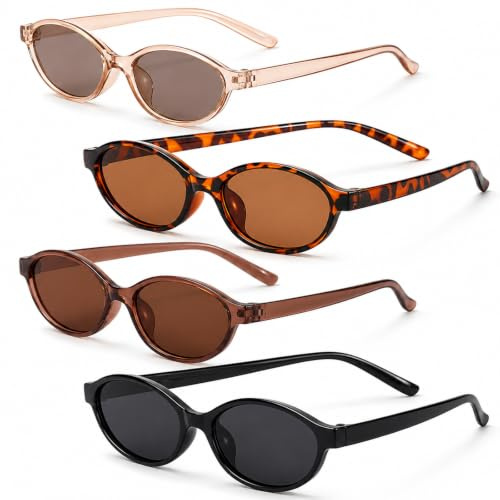 Yohuoll Oval Sunglasses, 4PCS Cat Eye Retro Sunglasses for Women, Small Face Vintage 90s Trendy Sun Glasses, UV400 Protection Lightweight for Driving, Outdoor, Beach, Party