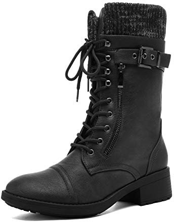 DREAM PAIRS Damenstiefel Schnürstiefel Silhouette Bequemer Reißverschluss Warmes Futter Lug Sohle Innenreißverschluss SCHWARZ 38