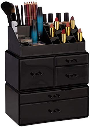 Relaxdays Make Up Organizer mit 21 Fächern, Kosmetik Tower für Lippenstift, Nagellack, Acryl Make Up Box, schwarz