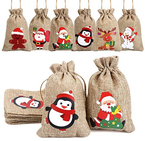 VEYLIN Christmas Hessian Bags, 12 Xmas Burlap Jute Gift Bag with Drawstring for Holiday Party Decoration