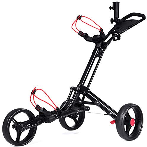 DREAMADE Chariot de Golf Pliable avec 3 Roues et Poignée Réglable, Voiturette de Golf en Alliage d'Aluminium avec Porte-Parapluie et Porte-Gobelet, Noir