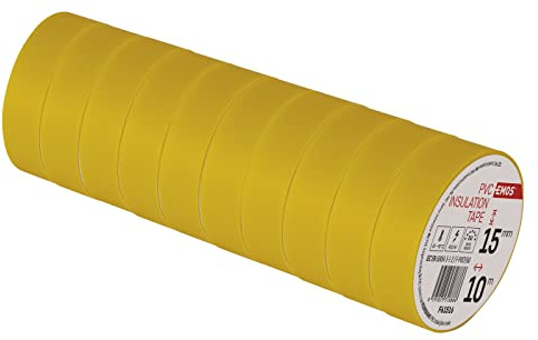 EMOS Nastro isolante in PVC giallo, confezione da 10 pezzi, 15 mm x 10 m, spessore del nastro 0,13 mm, autoadesivo, elevata resistenza alla tensione e temperatura di applicazione, resistente ai raggi