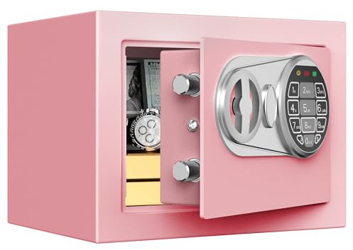 Goldenkey Small Kids Safe for Money, Digital Mini Safes with Keys&Code for Cash, Safe Box for Personal Items for Home, 6.69D x 9.05W x 6.69H, Pink