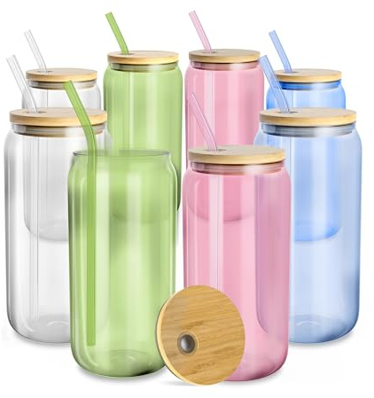 fullstar Glass Tumblers with Lids and Straws – Reusable Iced Coffee Cups with Bamboo Lids (Multicolor, 8 Pack)