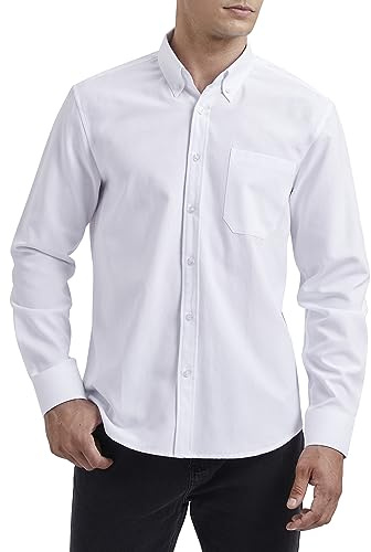 HISDERN Blanco Camisa de Hombre Manga Larga Oxford Casual Informal Camisas de algodón con Bolsillo Regular Fit XL
