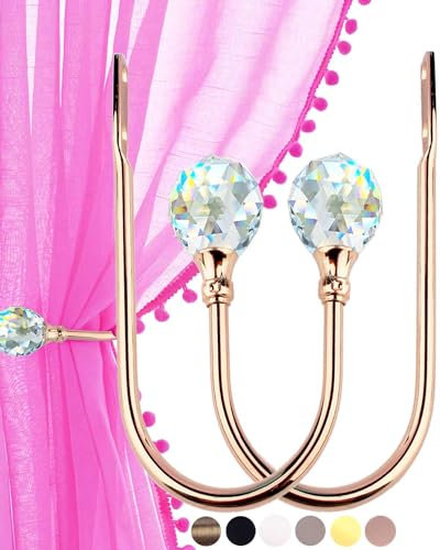 Curtain Holders Crystal Prisms Ball - Rose Gold Curtain Holdbacks Decorative, Curtain Tiebacks Wall Mounted, Curtain Hooks Rings for Drapes Holdbacks, Curtain Pull Backs, Curtain Accessories 2 Pack