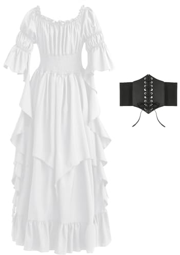 Abito rinascimentale da donna gotico da strega medievale con volant vittoriano, abito alto basso con cintura a corsetto, bianco, L/XL