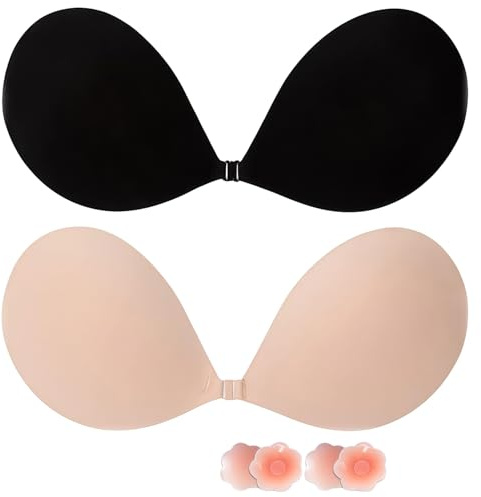 Lnmyic Soutien Gorge Dos Nu Soutien Gorge Invisible Adhesif Push up sans Bretelle Remonte Sein Adhesif Coque (FR/ES, Taille de Bonnet & Taille du Soutien-Gorge, D, Noir+Beige)