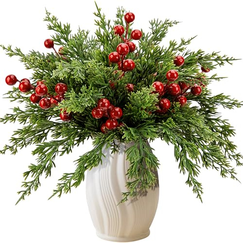 Watayo 45 Pcs Christmas Artificial Pine Branches with Red Berry Stems, 10.5 Faux Evergreen Norfolk Pine Cypress Leaves Stems, Fake Foliage Pine Needles Picks for DIY Craft Garland Home Decor