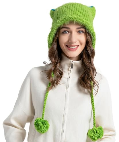ZLYC Crochet Hat Knit Cat Ear Slouchy Beanie Bonnet, Pompon Vert Fluo, Taille Unique Femmes