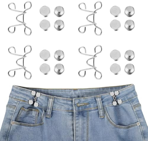 MAEXUS 4 Stück Jeansknopf, Jeans Taillenspanner, Hose Enger Machen Clip, Einstellbar Jeans Knöpfe, Kein Nähen erforderlich, Passen Sie die Taillenweite an, Hosenbund enger machen, Hosenknopf (Silber)