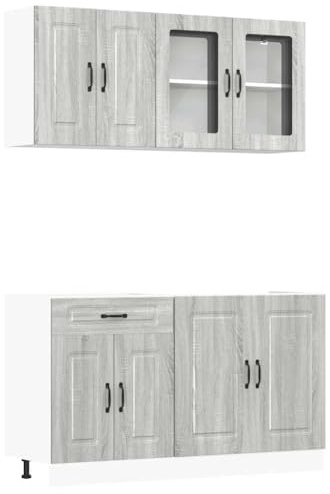 vidaXL Kalmar Kitchen Cabinets - 4 Piece Set, Grey Sonoma Engineered Wood Cabinet Set with Glass Doors, Base and Wall Units - Modern Style for Kitchen Storage