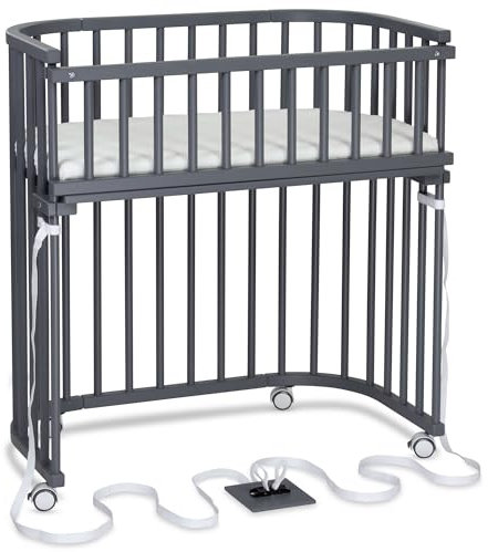 babybay Boxspring Beistellbett aus massivem Buchenholz/kompakt & verwandelbar/Höhe stufenlos verstellbar/mitwachsendes Babybett (schiefergrau lackiert) / inkl. Matratze, Gitter, Rollen