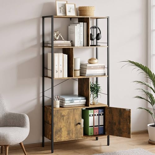 Blishom Étagère à Livres,Armoire à Livres avec 4 Niveaux d’étagères Ouvertes,étagère à Livres à Design Industriel avec Armoire,pour Bureau,Salon, Chambre à Coucher,Cuisine,74x30x153 cm,Rétro