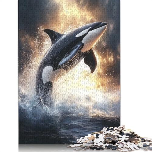 1000 Piece Wooden Puzzle For Adults Orca Whale Jump Out Water Square Puzzle for Kids Family Games 1000pcs (75x50cm)