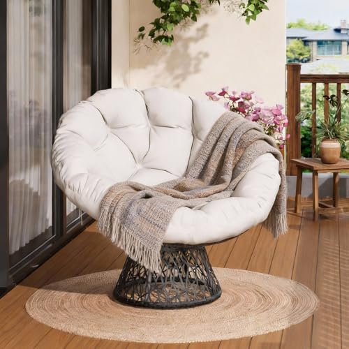 GarveeHome Papasansessel, gemütlicher Drehsessel mit Kissen rund, bequemer Rattansessel, Loungesessel drehbar, runder Relax Korbsessel Rattan für Wohnzimmer, Leseecke, Lounge