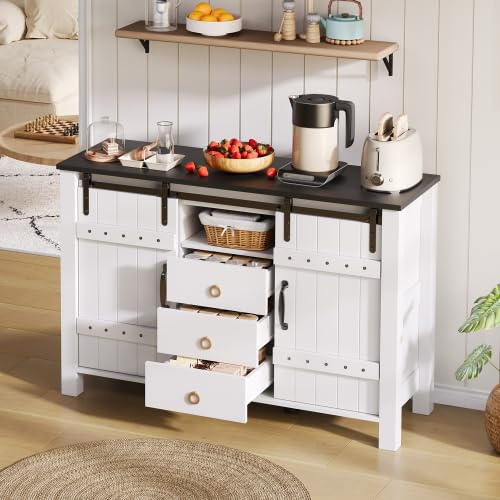 Merax Armadio a buffet con vano portaoggetti 120 cm - Porte scorrevoli e 3 cassetti, tavolo da caffè rustico in legno, buffet multifunzione per cucina, sala da pranzo, soggiorno - bianco