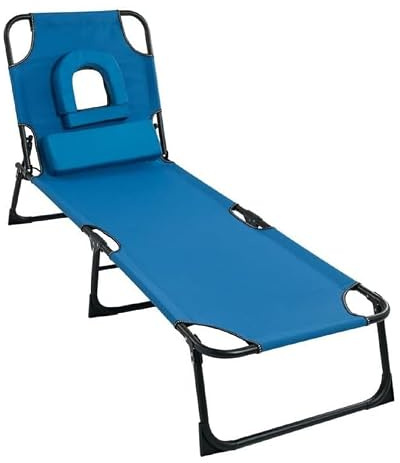 Kingtoss Sun Lounger for Garden, Foldable Reclining Sunbed Chair with Padded Face Hole, Adjustable Positions, Folding Metal Frame, Extra Cushion, No assembling needed - Blue
