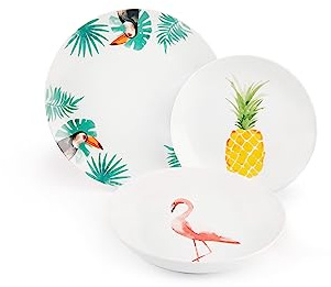 Excelsa Tropical 18-Piece Dinnerware Set, White Porcelain with Decorations