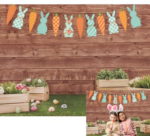 Happy Easter Backdrop Spring Rabbit Carrot Green Grass Eggs Baby Shower Backdrop Brown Wooden Wall Easter Party Decoration (7x5ft)