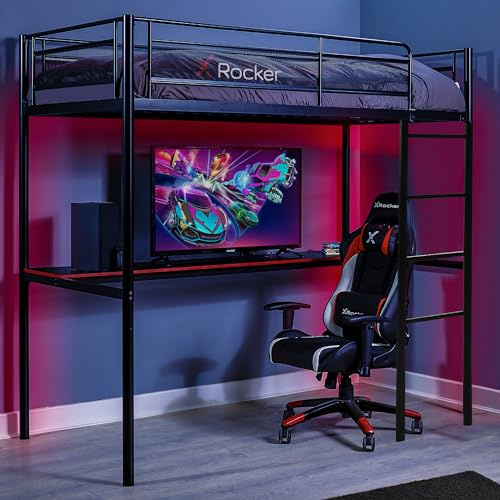 X-Rocker HQ Bunk Bed with Desk, Metal Kids High Sleeper Loft Bed with Desk, Gaming with Fixed Ladder, Single 3ft for Kids and Teens, Space Saving Design - BLACK