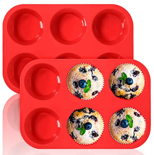 Anaeat Silicone Muffin Pan - 6 Cups Non-Stick Cupcake Molds, Food Grade Silicone Baking Tray for Making Egg Muffin, Cupcake, Quiches, Tart and Desserts, Reusable Muffin Tin Just Pop Out (2 Pack)