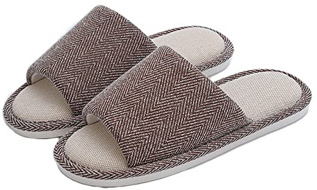AioTio Hommes Chaussons en Lin Pantoufles Coton Souples Pantoufles Antidérapantes pour l'intérieur & l'extérieur Quatre Saisons(Café,44/45 EU)