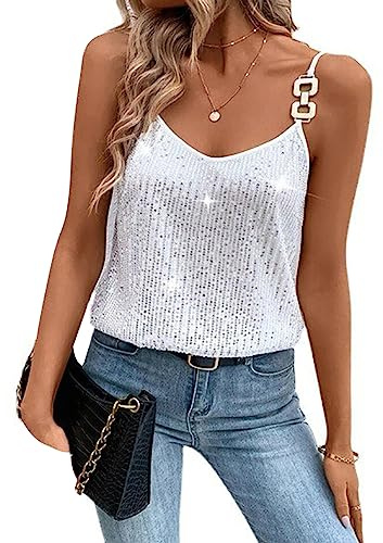 FeMereina Womens Sequin Top V Neck Strappy Sparkle Camisole Glitter Sleeveless Tanks Tops Chain Strap Shimmer Cami Party Vest