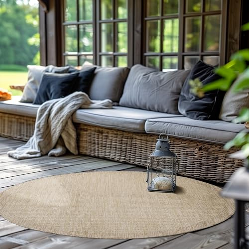 SIMPEX Tappeto Indoor Outdoor rotondo 120 cm beige lavabile impermeabile tessitura piatta per balcone terrazza giardino cucina e zona pranzo