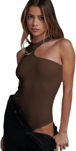 KBRPEY Body sin Mangas Mujer Sexy Bodysuit Asimétrico Cuello Alto Moldeador Elegante Top Ajustado Camiseta Reductor Vientre Plano Monos de una Pieza Ropa Verano