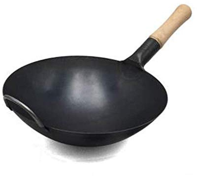 ZOCWJK Wok Fry Pan Non Stick Frying Non-Stick Wrought Iron Round Bottom Wok with Wooden Single Handle Uncoated Old-Fashioned Iron Pot Home Wok Frying Pan Interesting (Roundbottom-32CM