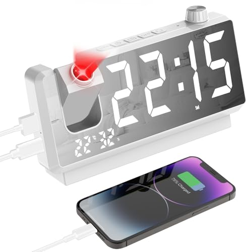 GuDoQi Projection Alarm Clock for Bedroom, Digital Clock with 180° Projector, 7 Large LED Display, Dual Alarms, Temperature&Humidity Display, Dual USB Port, 12/24H, Snooze, for Heavy Sleepers, White