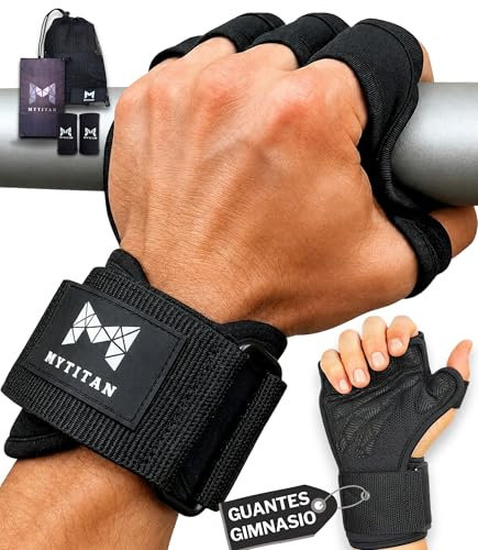 MYTITAN Guantes Gimnasio Hombre Mujer Abiertos | Muñequera con Hebilla Metálica | Crossfit Calistenia Dominadas Pesas | Agarre Antideslizante Silicona | Pack Completo S M L