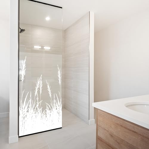 yabaduu Film Dépoli Occultant Paroi de Douche et Fenêtre Salle de Bain Film Givré Autocollant Imperméable Anti Regard Sticker Décoratif Vitrage Opaque YX001 (11 Graminées Blanche, 115 x 200 cm)