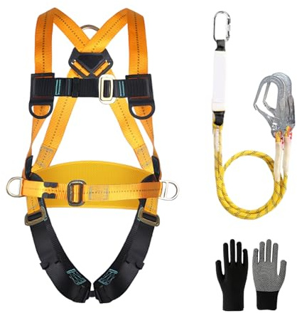 Fall Protection Safety Harness with Dual Lanyard and Double Hooks, Adjustable Full Body Harness for Men, Construction, Climbing, Roofing, Exterior Work, Max Load 100kg, EN 361/354/355 Certified