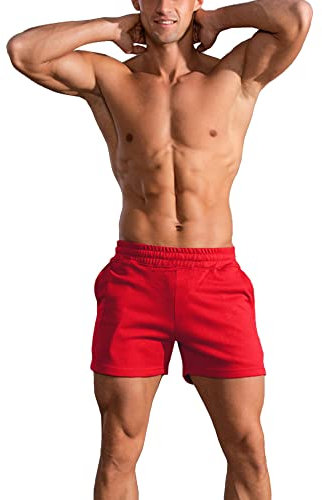 GYMAPE Herren Baumwolle Bodybuilding Gym Workout Shorts Sport Fitness 5 Schrittlänge Rot L