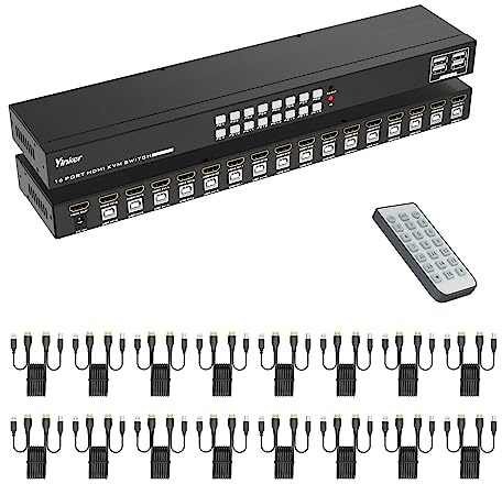 Yinker Conmutador KVM de 16 puertos HDMI, 4K@30Hz HDMI para montaje en rack con 16 cables KVM, compatible con 4 dispositivos USB 2.0 y HDCP 2.2 y control remoto para 16 ordenadores/servidores