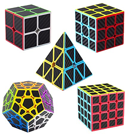 Roxenda Speed Cube Set, [5 Pack] Magic Cube Bundle of 2x2 3x3 4x4 Megaminx Cube and Pyramid Cube Smoothly Carbon Fiber Sticker Speed Cubes Collection for Kids Teens & Adults
