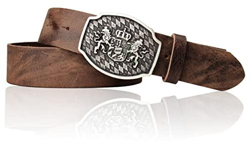 FRONHOFER Trachtengürtel mit Bayernschnalle, Wappen und Löwen, 18087, Größe:Körperumfang 95 cm/Gesamtlänge 110 cm, Farbe:Vintage-braun