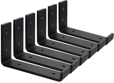 MLOQI 6 Pack Scaffold Board Shelf Brackets with Lips, 5mm Thick Heavy Duty L Wall Brackets for Shelves, Black Industrial Shelves Support (6x4/15cm x 10cm)