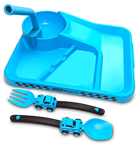 Deinyi Construction Toddler Plates - Construction Utensils for Toddlers - Easter and Birthday Gift Toddler Utensils for 1 2 3 4 5 6 7 year - Blue